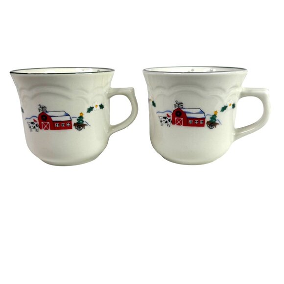 Pfaltzgraff Snow Village Mugs & Saucers Set Of 2 Christmas Angel Farm Barn VTG - Picture 2 of 13